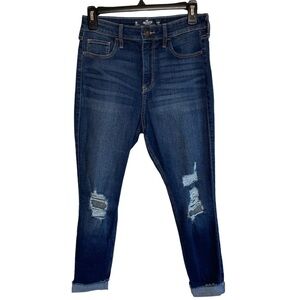Hollister Curvy High-Rise Crop Super Skinny Solid Blue Distressed Denim Jeans